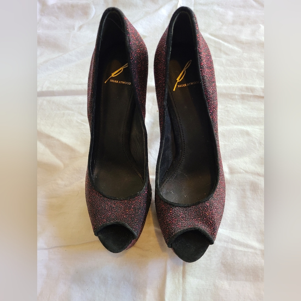 B  Brian Atwood black sparkly open toe heels size 8.5